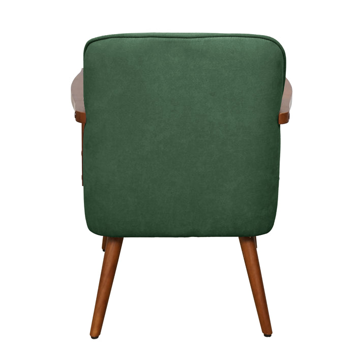 Rückansicht dunkelgrüner Sessel mit Polsterung und Holzarmlehnen, vier Holzbeine, schlichtes Design