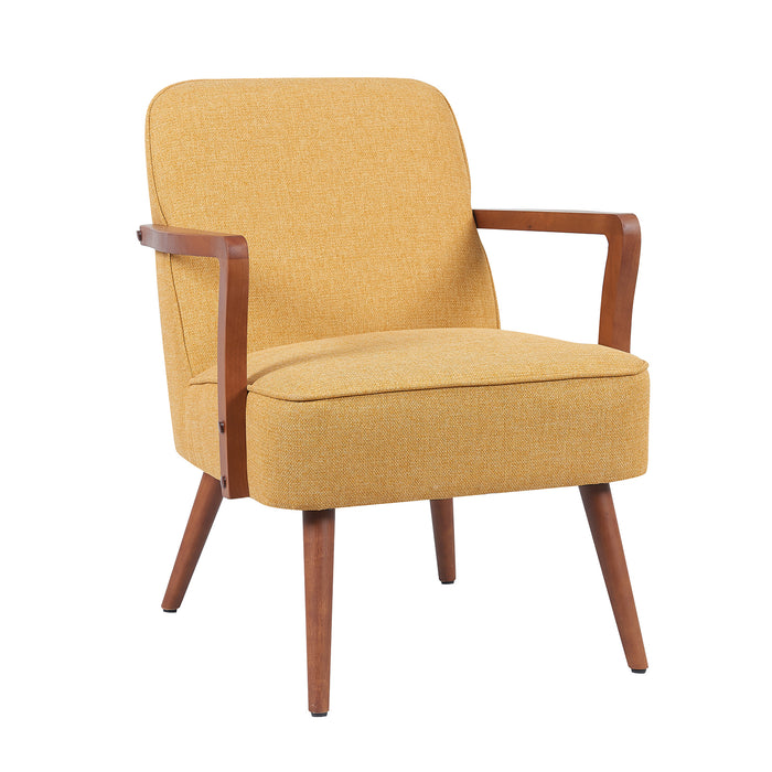 Senfgelber Sessel mit Polsterung und Holzarmlehnen, vier Holzbeine, schlichtes Design