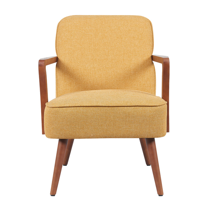Frontalansicht senfgelber Sessel mit Polsterung und Holzarmlehnen, vier Holzbeine, schlichtes Design