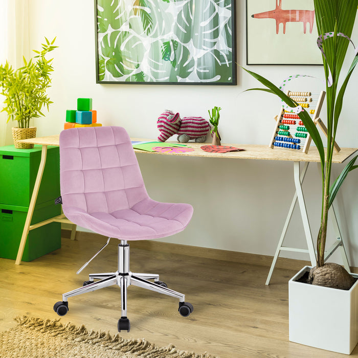 Helles Kinderzimmer mit rosa Drehstuhl, Holzschreibtisch, buntem Abakus, Spielzeug und grünen Pflanzen