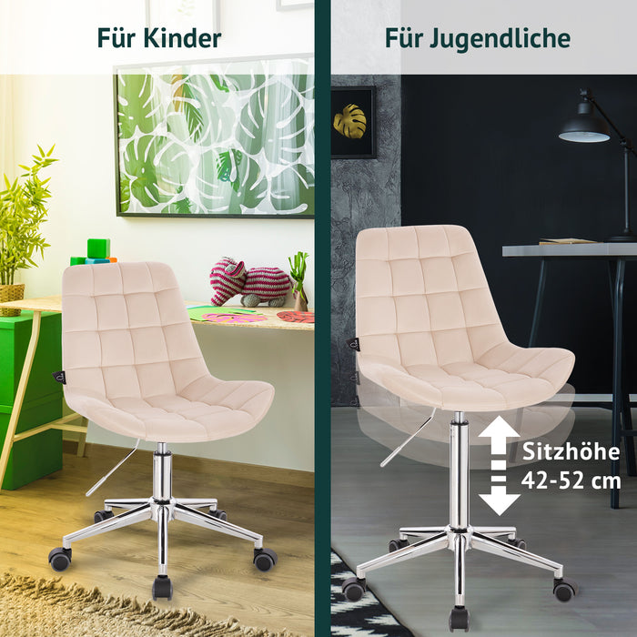 Zwei beige Bürostühle auf Rollen, links in einem hellen Kinderzimmer mit Pflanzen und Spielzeug, rechts in einem dunklen Jugendzimmer mit Schreibtischlampe, Sitzhöhe 42-52 cm