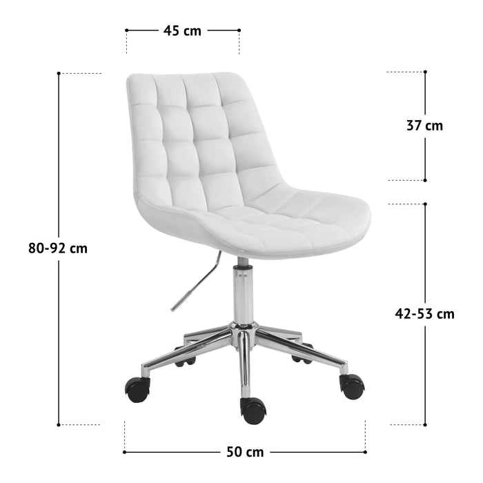 Weißer Bürostuhl mit gepolsterter Rückenlehne und Sitzfläche, höhenverstellbar von 80 bis 92 cm, Breite Lehne 45 cm, Breite Fußgestell 50 cm, Sitzhöhe 42 bis 53 cm, Höhe Rückenlehne 37 cm