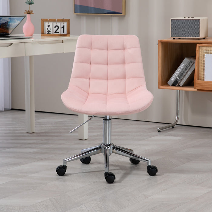 Rosa gepolsterter Bürostuhl mit verstellbarer Höhe und Rollen auf grauem Boden vor Schreibtisch und Regal Frontalansicht