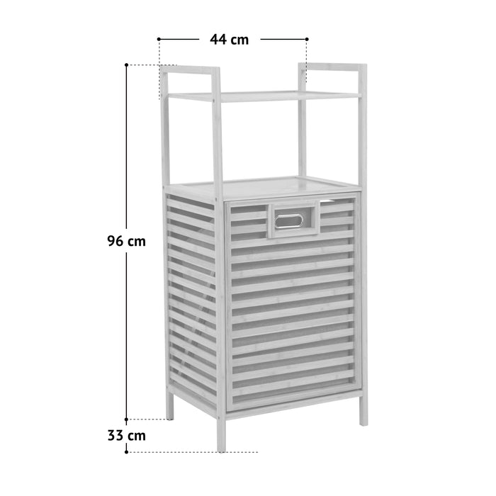 Maße des Badregals mit Wäschefach: Breite 44 cm, Tiefe 33 cm, Höhe 96 cm