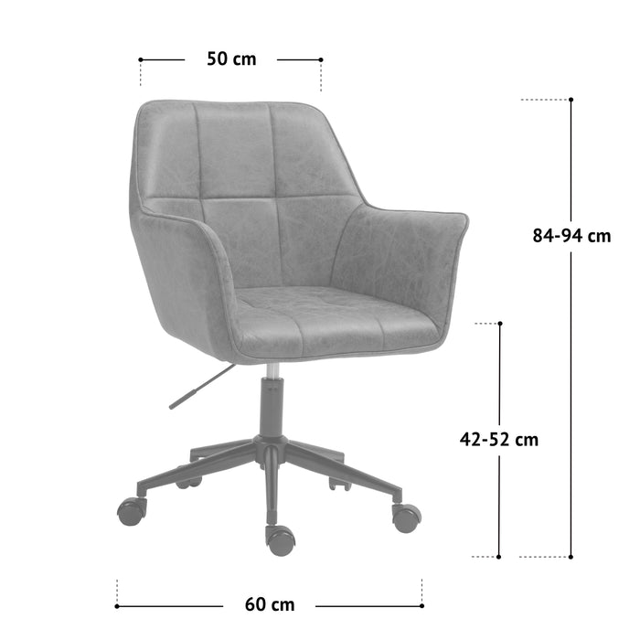 Maße SVITA GREG Schreibtischstuhl, verstellbare Sitzhöhe von 42 bis 52 cm, Gesamthöhe 84 bis 94 cm, Breite Basis 60 cm, Breite Rückenlehne 50 cm