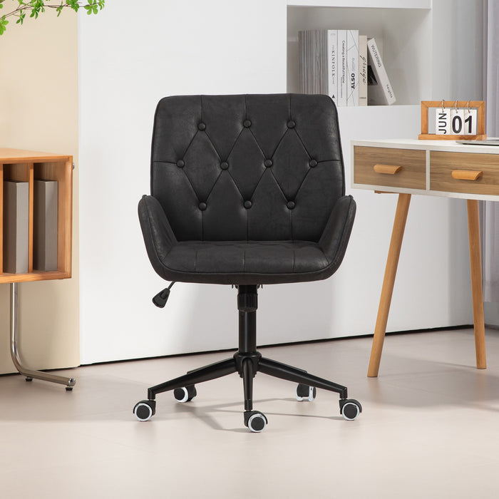 Schwarzer Bürostuhl mit gepolsterter Rückenlehne und Sitzfläche, verstellbar, auf Rollen in modernem Arbeitszimmer Frontalansicht