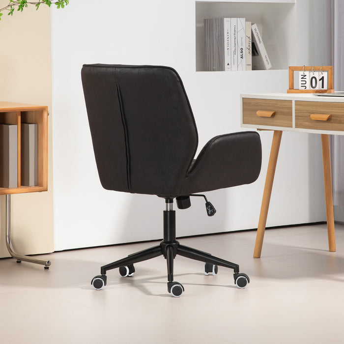Schwarzer Bürostuhl mit gepolsterter Rückenlehne und Sitzfläche, verstellbar, auf Rollen in modernem Arbeitszimmer von schräg hinten