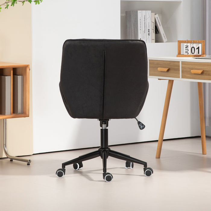 Schwarzer Bürostuhl mit gepolsterter Rückenlehne und Sitzfläche, verstellbar, auf Rollen in modernem Arbeitszimmer von hinten