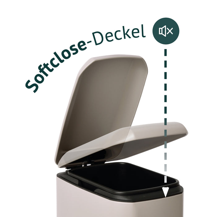 Infografik zum Softclosedeckel eines taupefarbenen Mülleimers