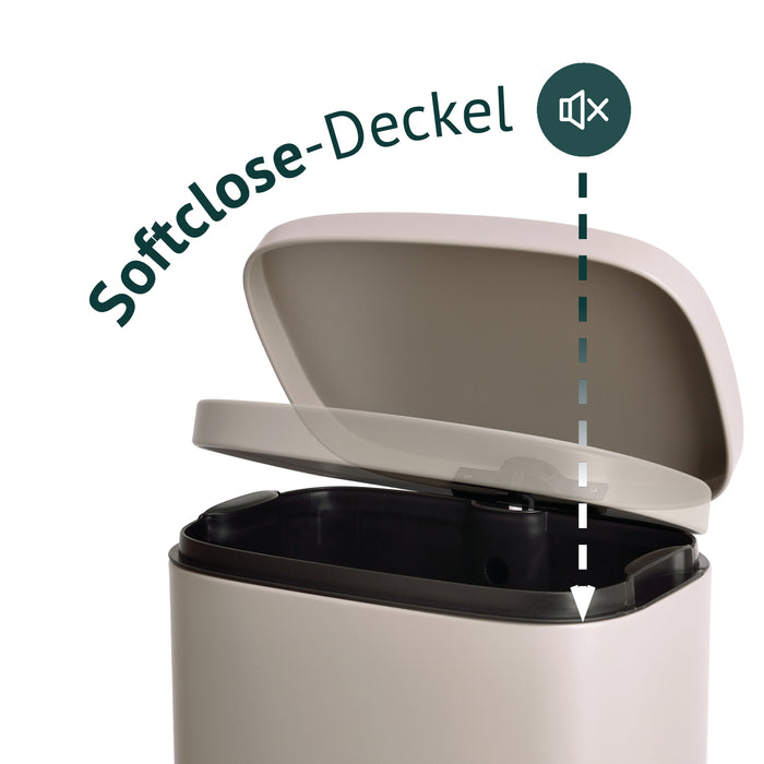 Taupefarbener Mülleimer SVITA TQ30 mit mit geöffnetem Deckel, Illustration Softclose-Deckel