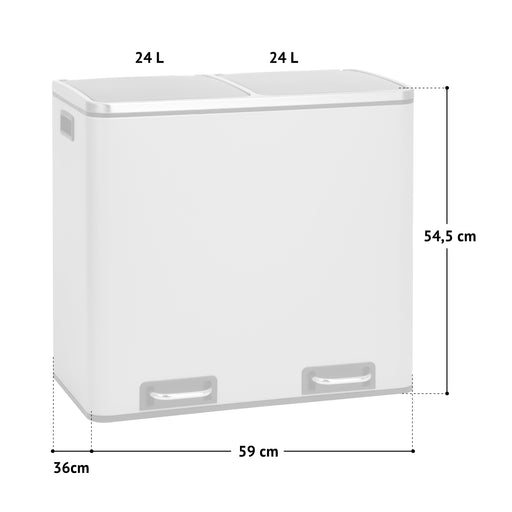 Abfalleimer mit zwei Fächern, jeweils 24 Liter, Maße 59x36x54,5 cm, mit zwei Fußpedalen