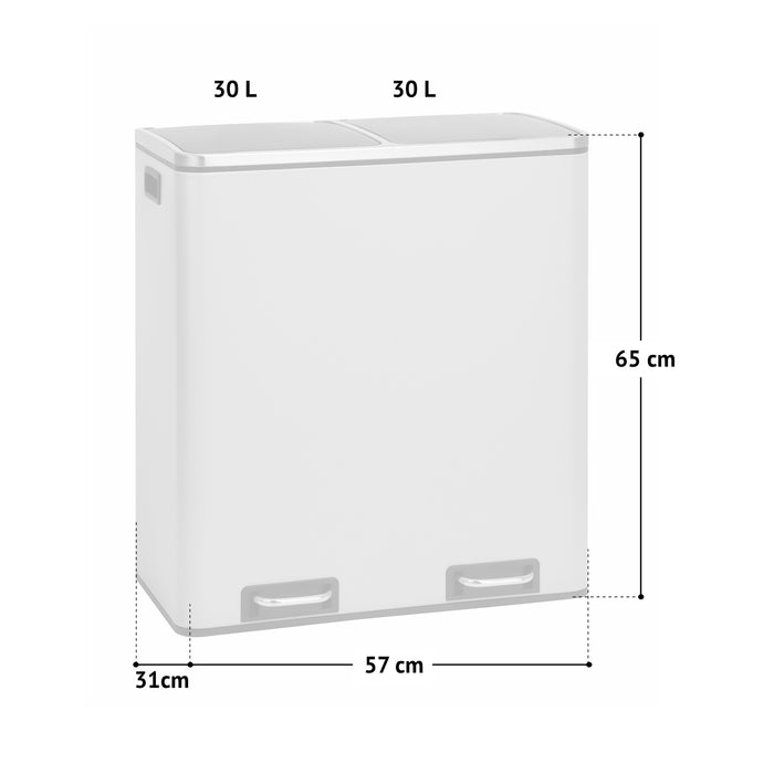 Maße SVITA TM2X30L Doppel-Abfalleimer mit Fußpedalen aus pulverbeschichtetem Stahl - taupe: 57x31x65 cm, mit zwei 30-Liter-Fächern