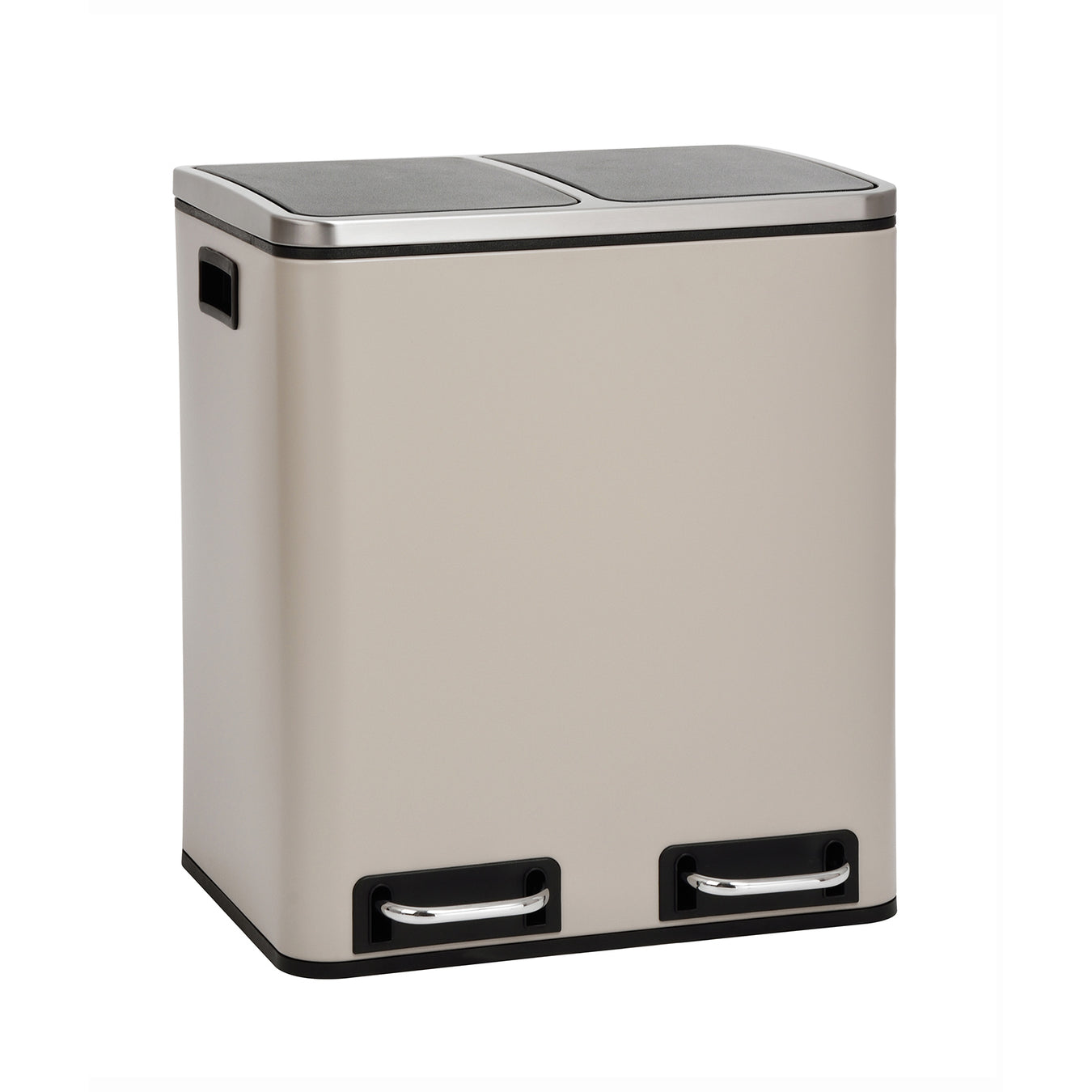 Doppelter taupefarbener Mülleimer mit zwei Fußpedalen und schwarzen Kunststoffdeckeln