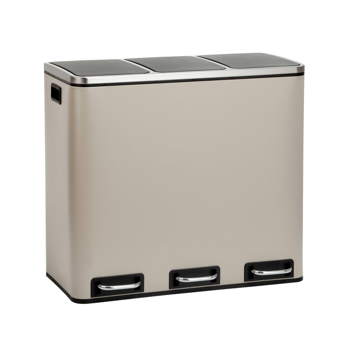 SVITA TM2X30L grau-braunes 3-fach Mülltrennsystem aus Stahl mit drei Fußpedalen und schwarzen Deckeln