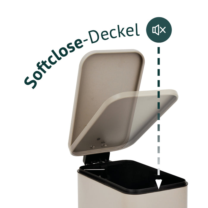 Taupefarbener rechteckiger Mülleimer mit geöffnetem Deckel, Illustration Softclose-Deckel