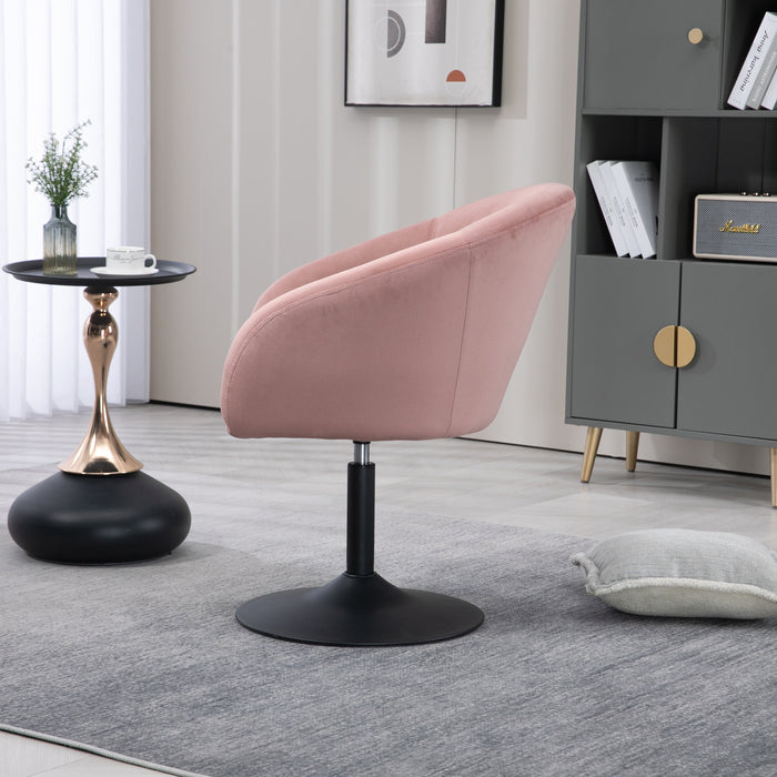 Rosafarbener, moderner Drehstuhl mit runder Basis in einem hellen Wohnzimmer neben einem kleinen Beistelltisch mit Vase und Tasse Seitenansicht