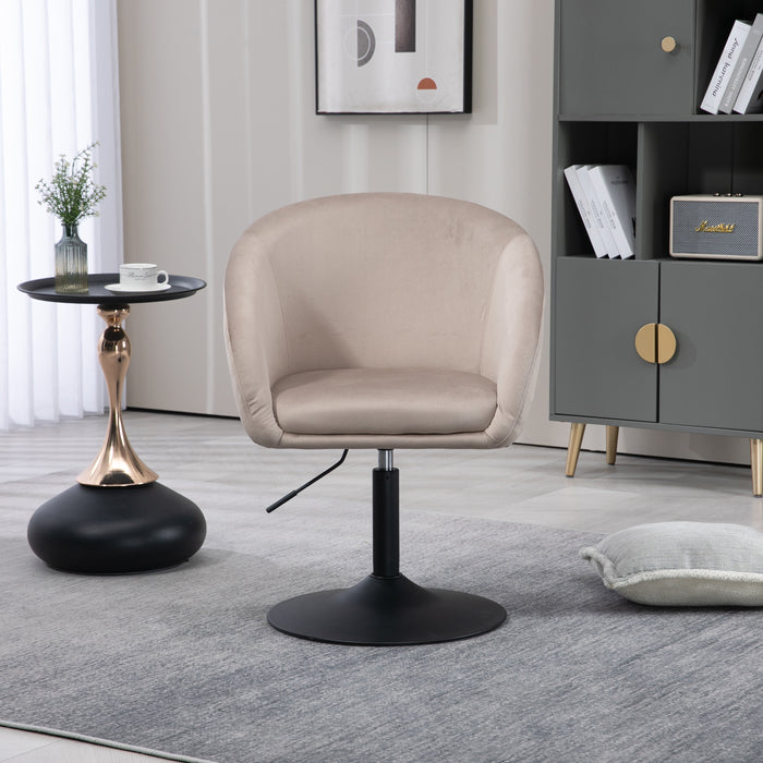 Taupefarbener, moderner Drehstuhl mit runder Basis in einem hellen Wohnzimmer neben einem kleinen Beistelltisch mit Vase und Tasse Frontalansicht