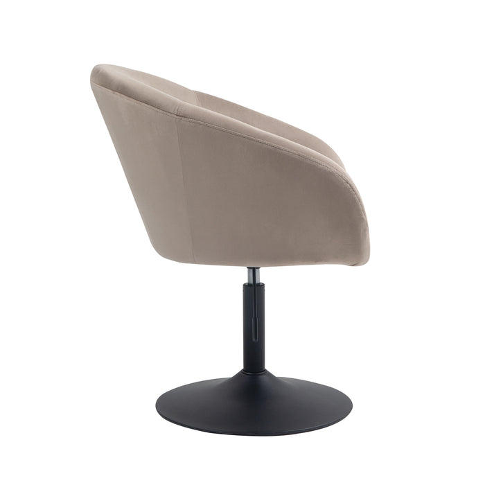 Taupefarbener, moderner Cocktailsessel mit gepolstertem Sitz und rundem Sockel mit Drehfunktion