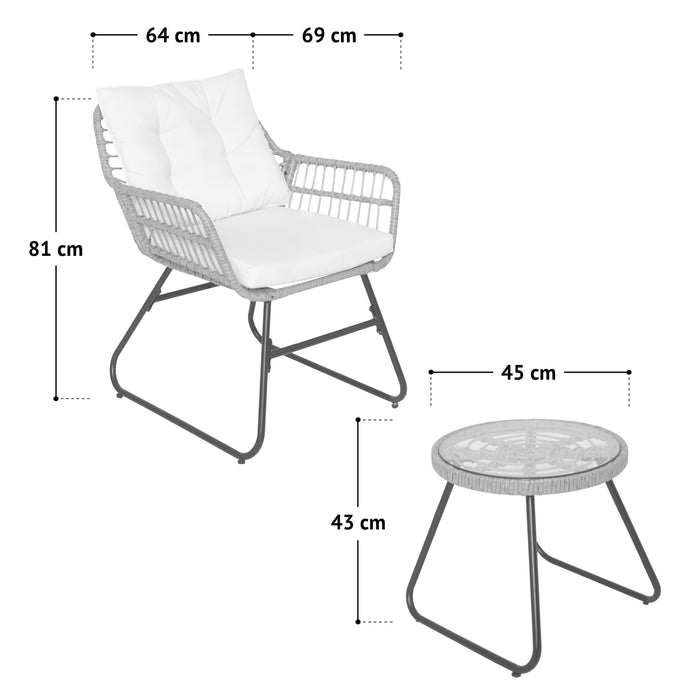 Grau-weißer Stuhl mit Kissen, 81 cm hoch, 64 cm breit, 69 cm tief, und runder Beistelltisch, 45 cm Durchmesser, 43 cm hoch