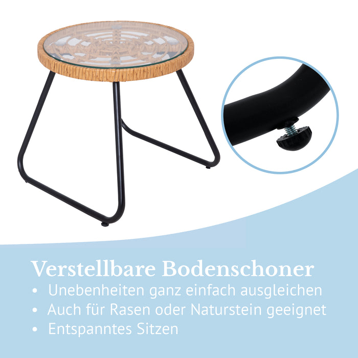 Kleiner runder Beistelltisch mit Glasplatte und verstellbaren Bodenschonern an schwarzen Metallbeinen, geeignet für unebene Böden