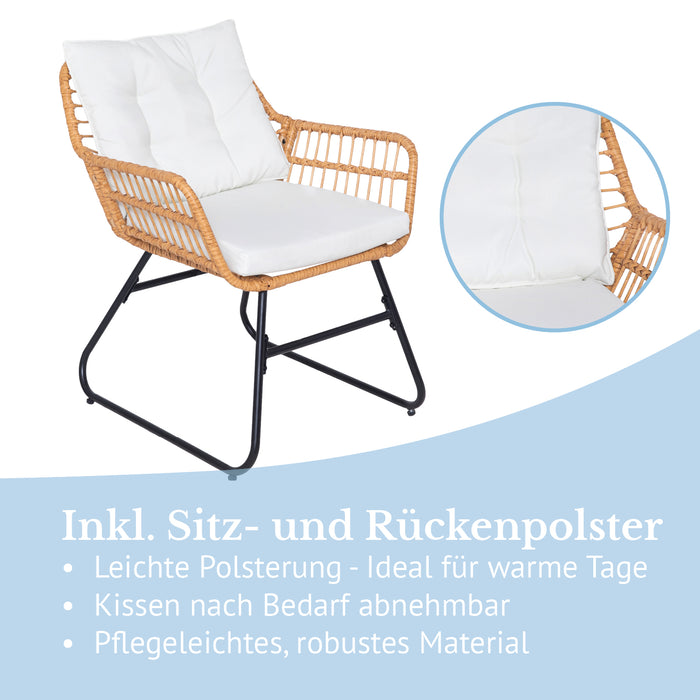 Geflechtstuhl mit schwarzem Metallgestell und weißen Sitz- und Rückenpolstern, leichte Polsterung, abnehmbare Kissen