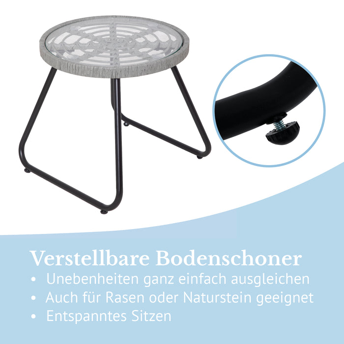 Runder Hocker mit verstellbaren Bodenschonern, schwarzes Metallgestell, graue Sitzfläche mit Lochmuster, geeignet für unebene Böden, Rasen und Naturstein