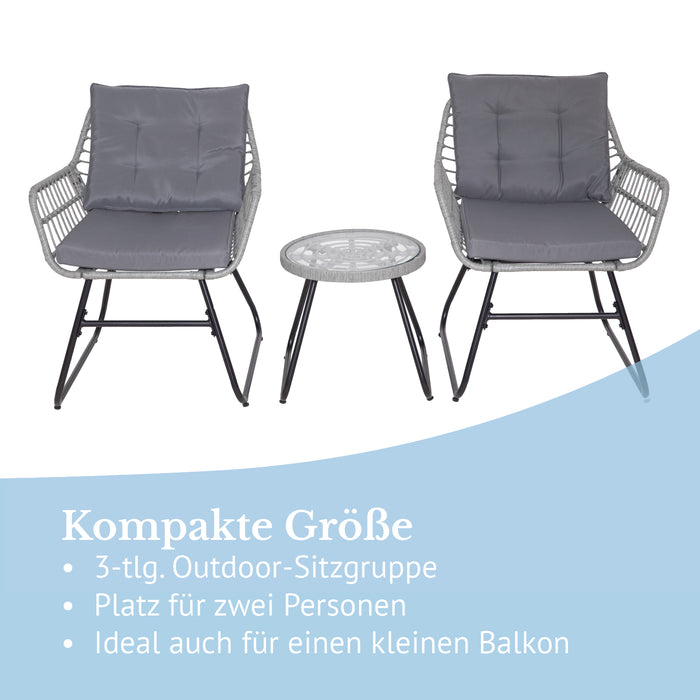 Zweier-Outdoor-Sitzgruppe mit zwei grauen Stühlen und kleinem runden Tisch, geeignet für Balkon