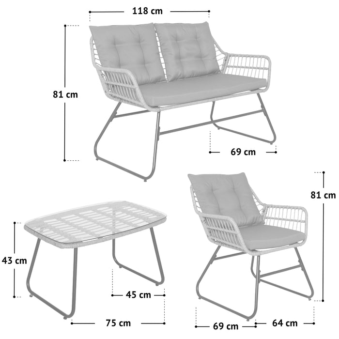 SVITA Capri Rattanlounge Maße: Sofa 118 cm breit, 81 cm hoch, 69 cm tief; Sessel 64 cm breit, 81 cm hoch, 69 cm tief; Tisch 75 cm lang, 45 cm breit, 43 cm hoch.