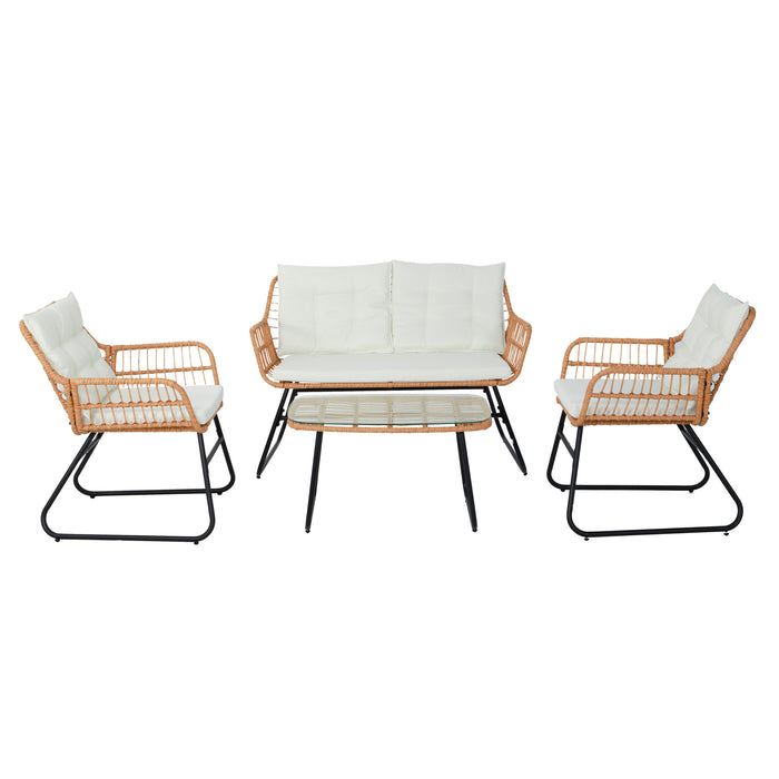 Gartenmöbel-Set aus naturfarbenen Polyrattan mit cremefarbenen Polstern mit zwei Sesseln, einer zweisitzigen Bank und einem rechteckigen Glastisch mit Metallgestell