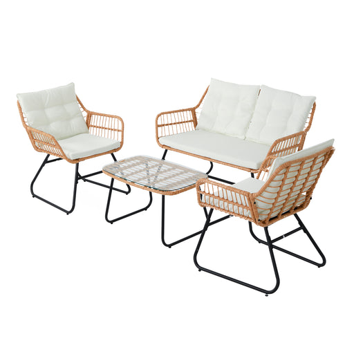 SVITA Capri Rattanlounge natur/creme mit zwei Sesseln, 2-er Sitzbank und Glastisch