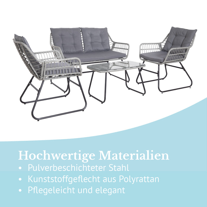 Gartenmöbel-Set aus hochwertigen Materialien: pulverbeschichtetem Stahl und grauem Polyrattan mit grauen Polstern, bestehend aus Sofa, zwei Sesseln und einem Glastisch, elegant und pflegeleicht