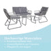 Gartenmöbel-Set aus hochwertigen Materialien: pulverbeschichtetem Stahl und grauem Polyrattan mit grauen Polstern, bestehend aus Sofa, zwei Sesseln und einem Glastisch, elegant und pflegeleicht