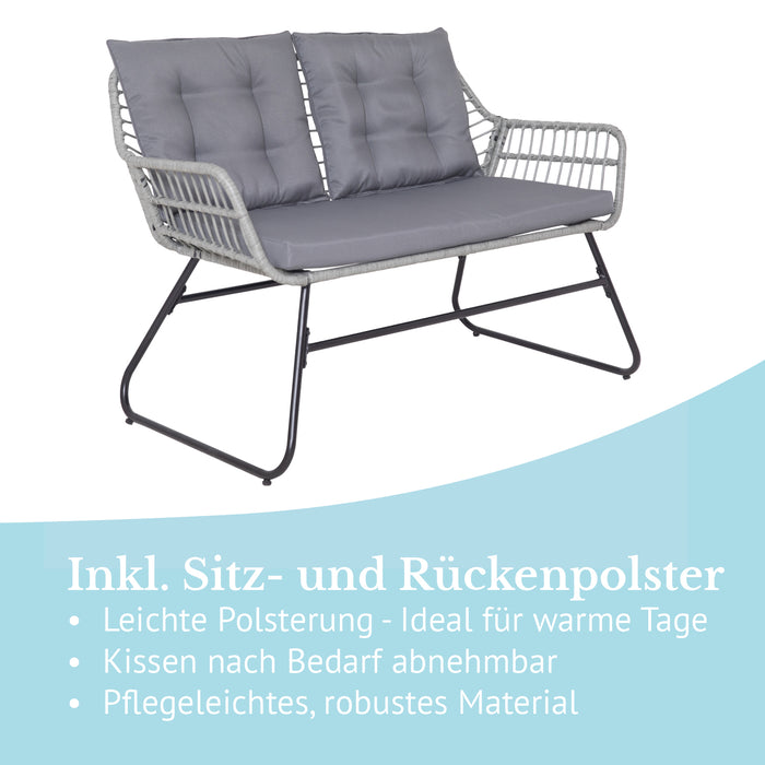 Graue Gartenbank mit Sitz- und Rückenpolstern, leichte Polsterung, ideal für warme Tage, abnehmbare Kissen, pflegeleichtes robustes Material