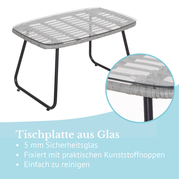 Rechteckiger Gartentisch mit 5 mm Sicherheitsglasplatte, fixiert mit Kunststoffnoppen, leicht zu reinigen, schwarzes Metallgestell