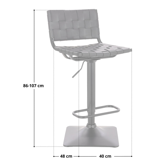 Höhenverstellbarer Barhocker geflochtenem Sitz und Rückenlehne, Metallfuß mit Fußstütze, Maße 86-107 cm hoch, 48 cm tief, 40 cm breit