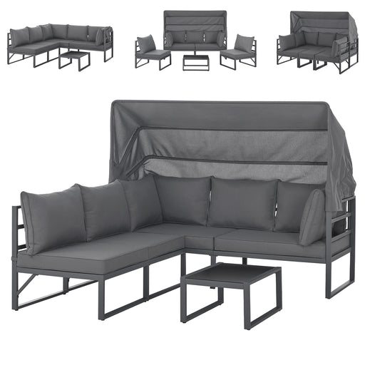 Gartenlounge dunkelgrau mit Sonnendach - Stellmöglichkeiten großes Ecksofa - Dreiersofa mit zwei Sesseln oder Sonneninsel