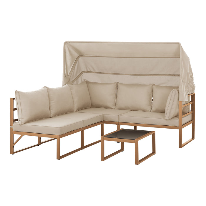 Gartenlounge beige mit Sonnendach - großes Ecksofa mit Beistelltisch