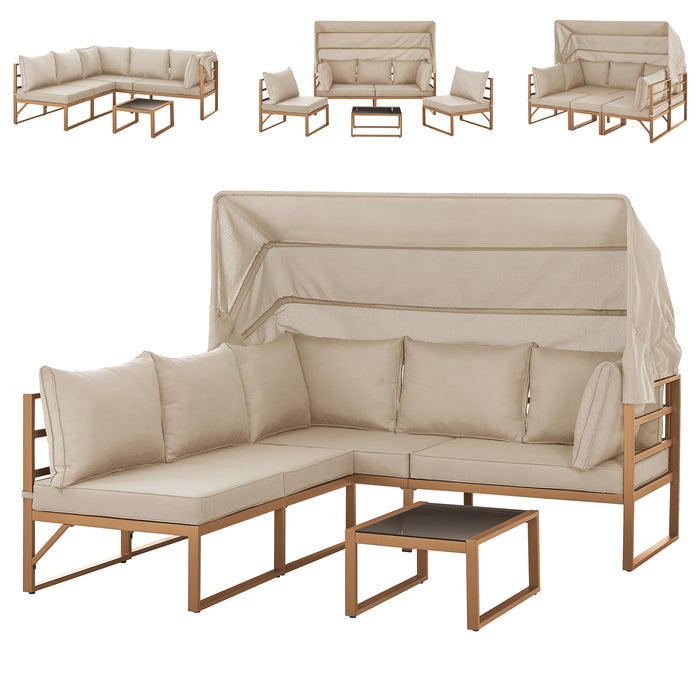Gartenlounge beige mit Sonnendach - Stellmöglichkeiten großes Ecksofa - Dreiersofa mit zwei Sesseln oder Sonneninsel