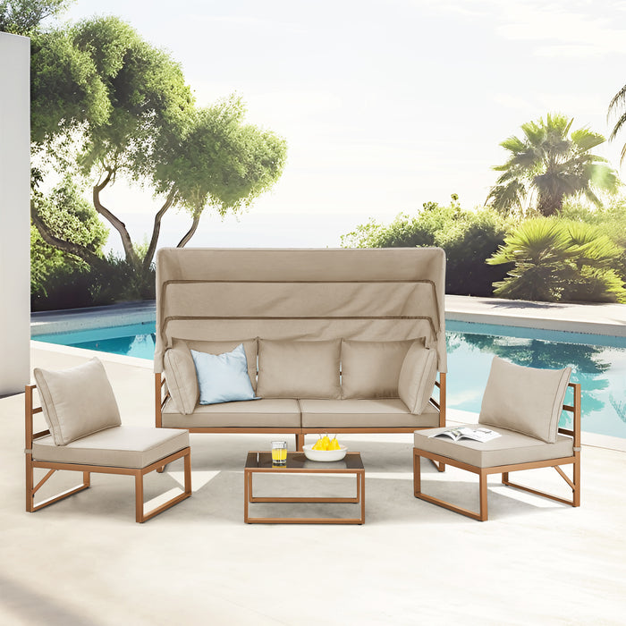 Gartenlounge beige mit Sonnendach - 3-Sitzer Sofa und zwei Sessel am Pool