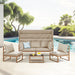 Gartenlounge beige mit Sonnendach - 3-Sitzer Sofa und zwei Sessel am Pool