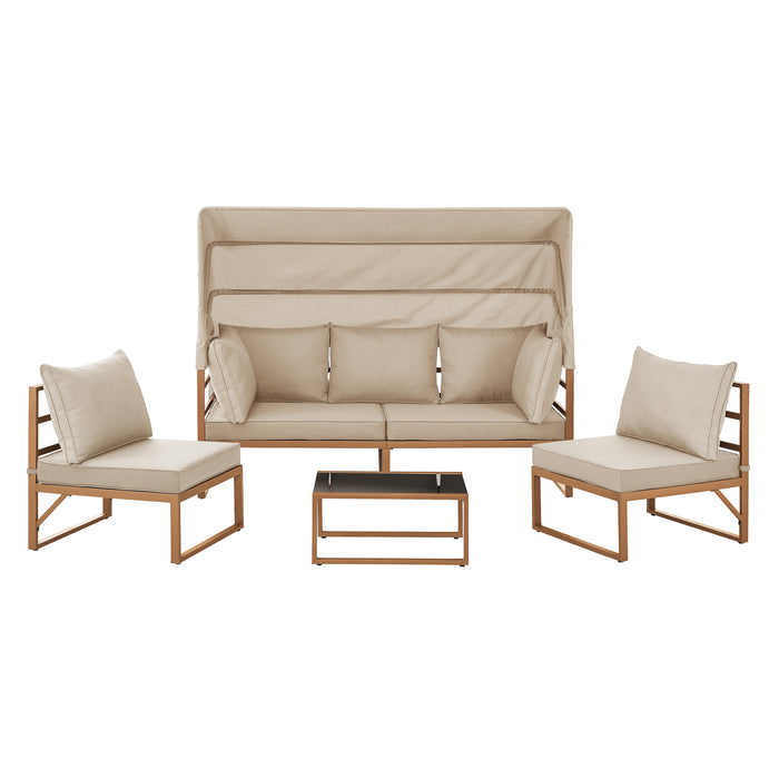 Gartenlounge beige mit Sonnendach - Stellmöglichkeit 3-Sitzer Sofa mit zwei Sesseln und Beistelltisch