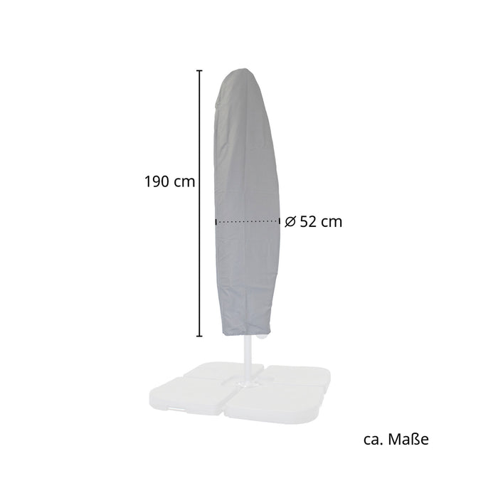 Graue Schutzhuelle für Sonnenschirm, Höhe 190 cm, Durchmesser 52 cm, auf weißem Ständer