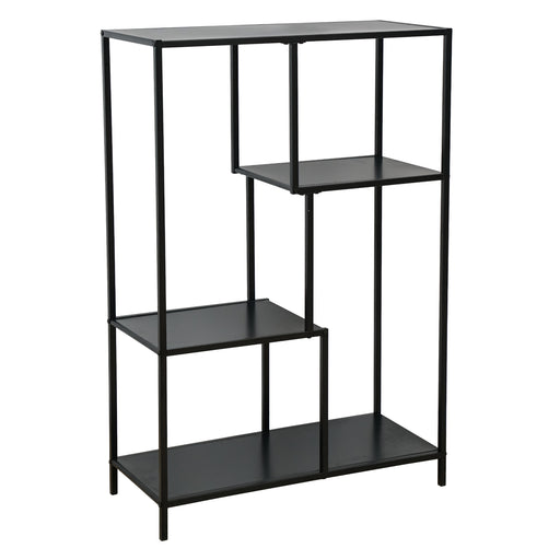 Schwarzes Metallregal mit vier unterschiedlich hohen Ablageflächen in asymmetrischem Design