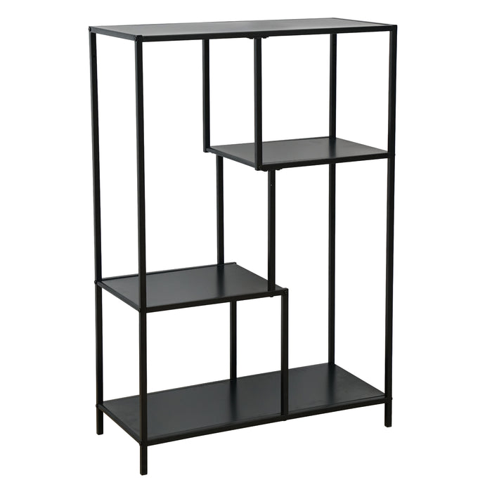 Schwarzes Metallregal mit vier unterschiedlich hohen Ablageflächen in asymmetrischem Design