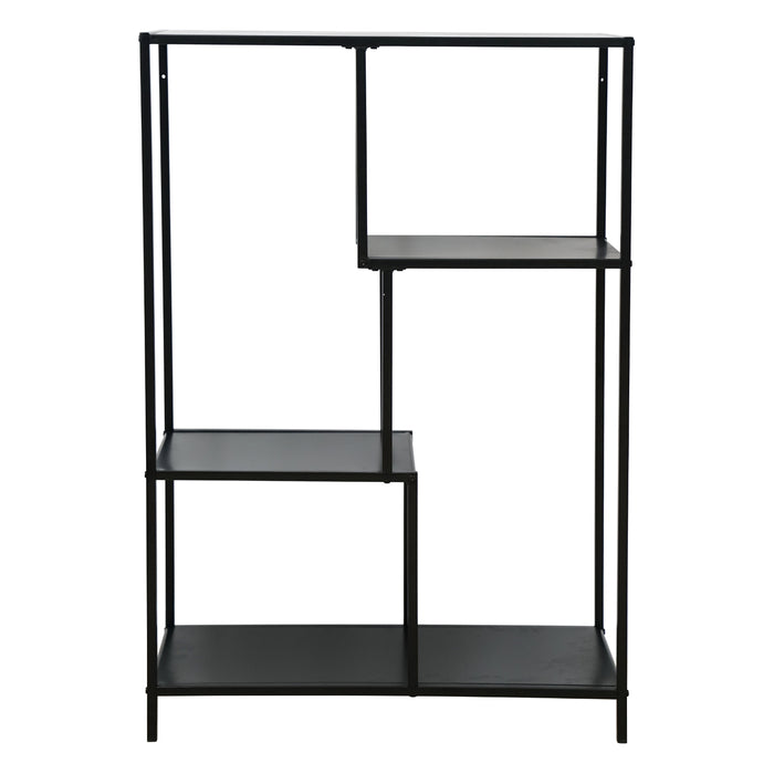 Schwarzes Metallregal mit vier unterschiedlich hohen Ablageflächen in asymmetrischem Design Frontalansicht