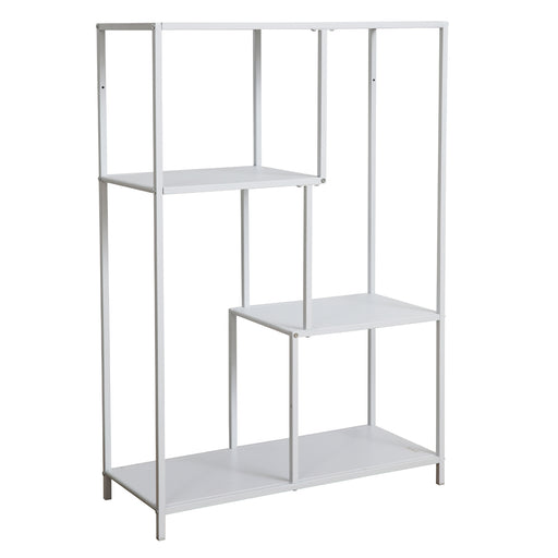 Weißes Metallregal mit vier unterschiedlich hohen Ablageflächen in asymmetrischem Design