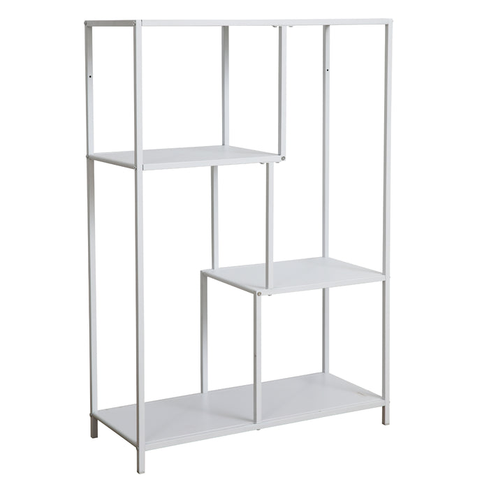 Weißes Metallregal mit vier unterschiedlich hohen Ablageflächen in asymmetrischem Design