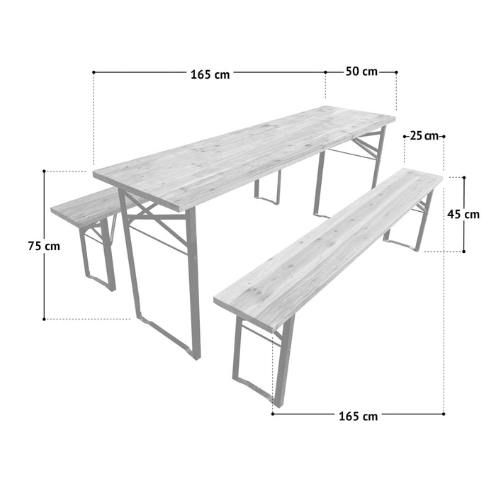 Maße der Bierzeltgarnitur: Länge 165 cm, Tisch 50 cm breit und 75 cm hoch, Bank 25 cm breit und 45 cm hoch