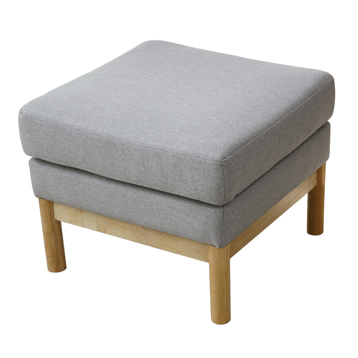 Grauer quadratischer Hocker mit gepolstertem Sitz und hellen Holzbeinen - Ansicht von schräg oben