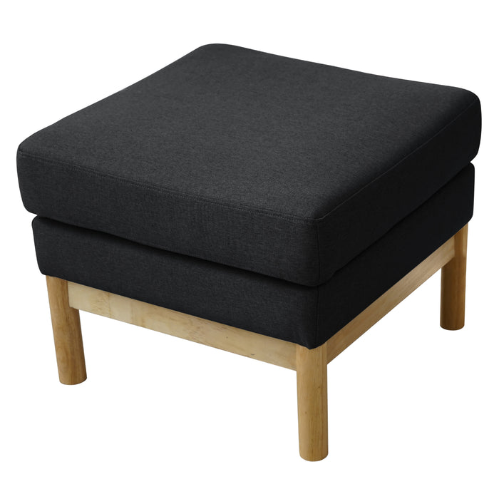 Schwarzer quadratischer Hocker mit gepolstertem Sitz und hellen Holzbeinen - Ansicht von schräg oben